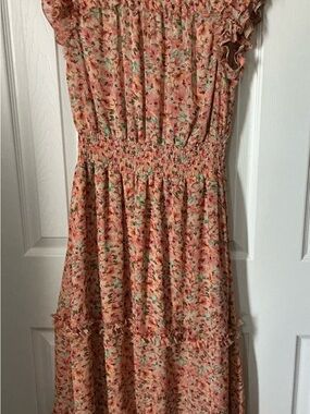 CeCe Peach Floral Smocked Midi Dress with Flutter Sleeves